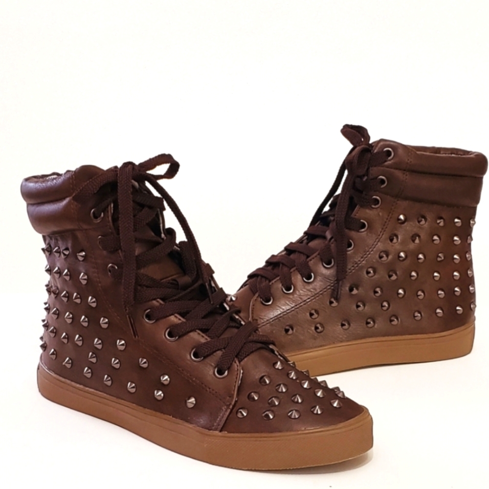 Brown Leather High Top Sneakers - Spiked Studded 6.5 Edgy Punk Glam